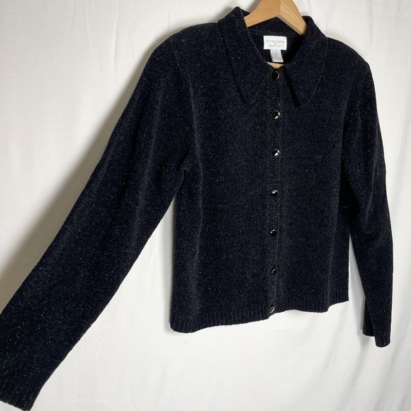VTG Christopher&Banks Black collared Shimmer Crushed Velvet Button down Sweater - Picture 2 of 7